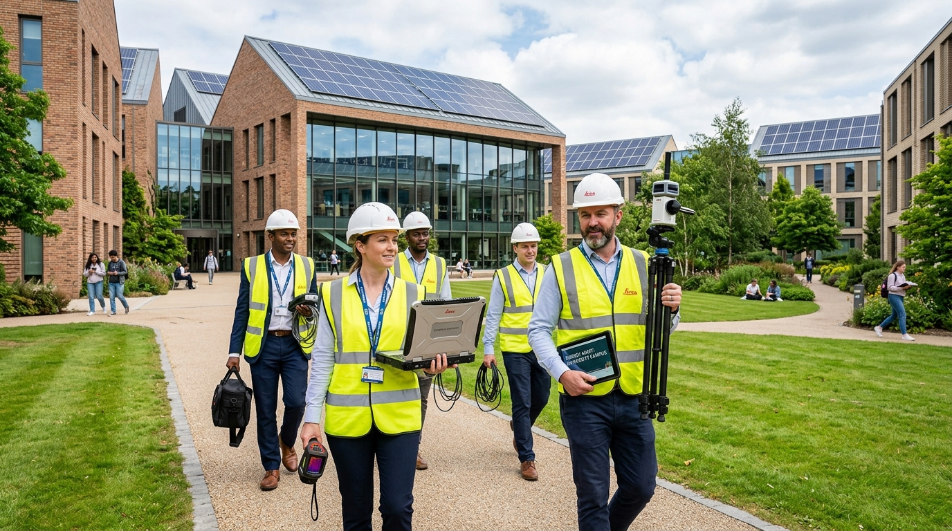 Energy Auditors Conducting Green Campus Walkthrough on University Grounds